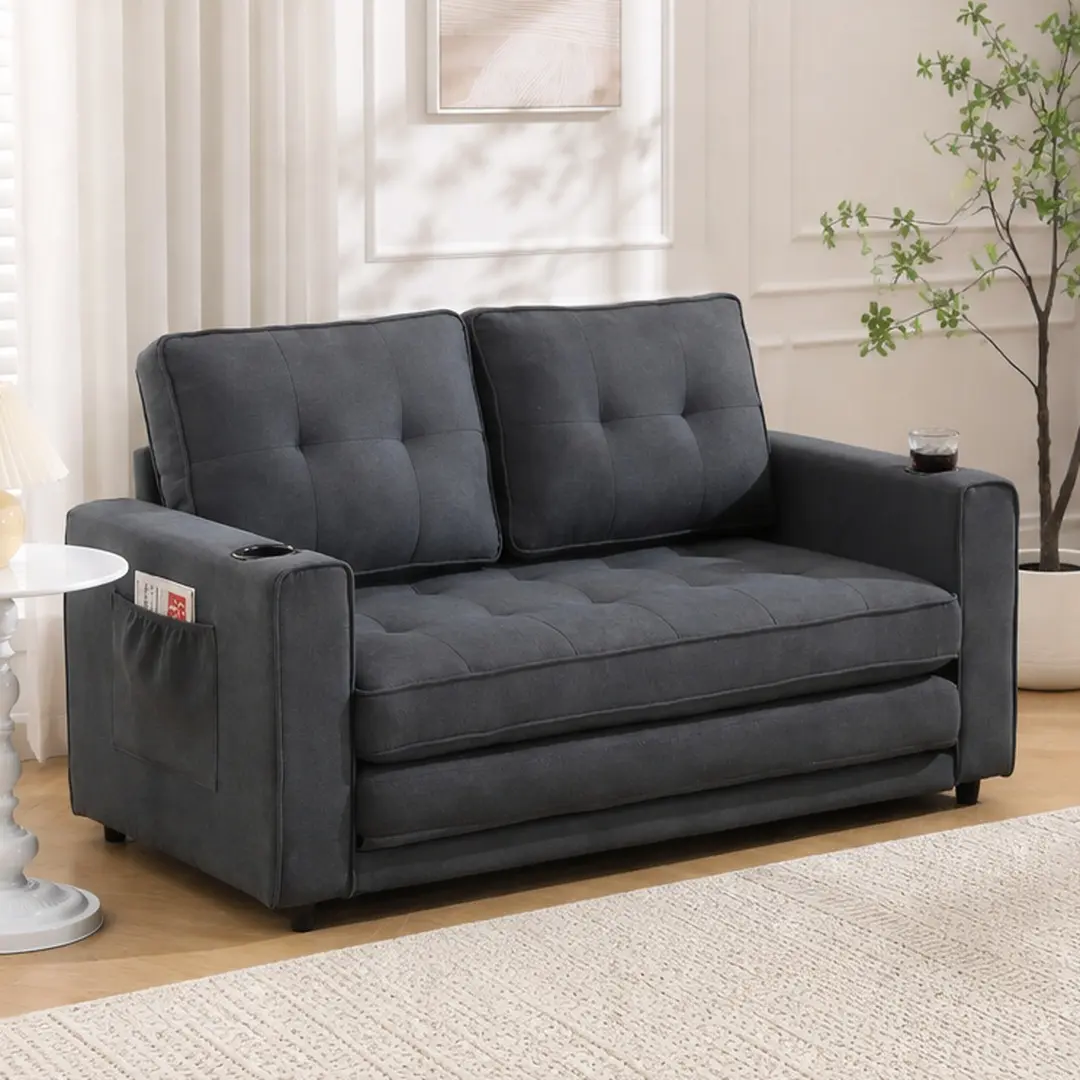 ARCH 3-in-1 Convertible Futon Sofa Bed - Couch That Pulls Out Into Bed Original, Foldable Loveseat, Tufted Back, Side Pockets, Cup Holder, Dark Gray Foam-Filled Fabric for Living Room, Small Spaces