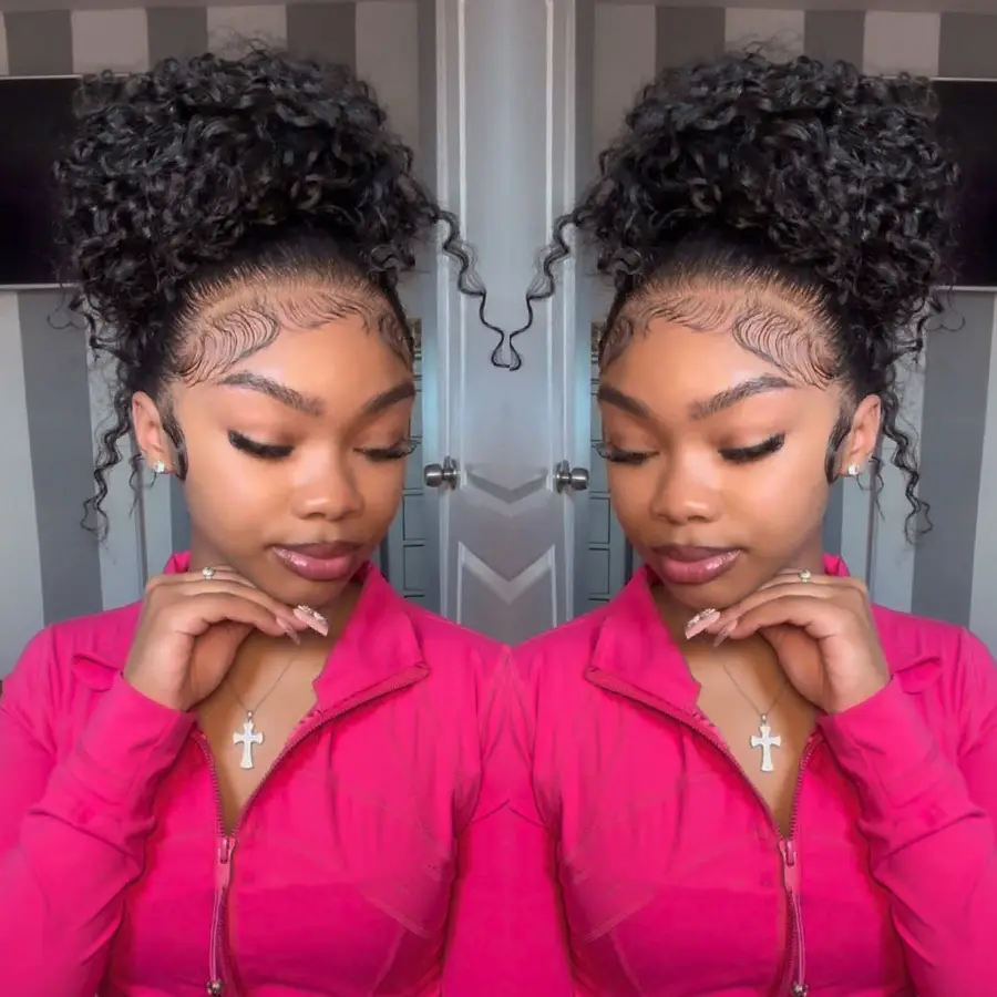 Pizazz Hair Hidden Strap 360 Lace Front Wigs Human Hair Pre Plucked Pre Bleached Knots 220 Density Water Wave HD Lace Frontal Wig with Drawstring Curl