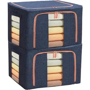 100L Large Capacity Clothes Storage Organizer,Stackable Storage Bags with Foldable Metal Frame, Zipper, Handles, Clear Window, Storage Container Box for Blanket Sweater Comforter Pillow (Navy 2Pack )