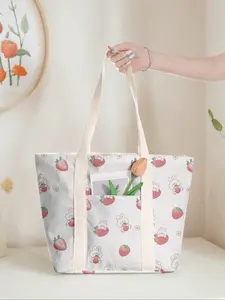 Rabbit Strawberry Print Large Capacity Tote Bag, Casual Shoulder Backpack with Zipper Closure, Ideal for Gym Beach Work Travel