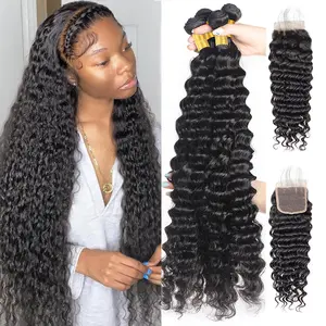 Deep Wave Human Hair Bundles with Closure Brazilian Hair 3 Bundles with 4x4 Lace Closure Quick Wave Bundles Sew In Tangle Free No Shedding