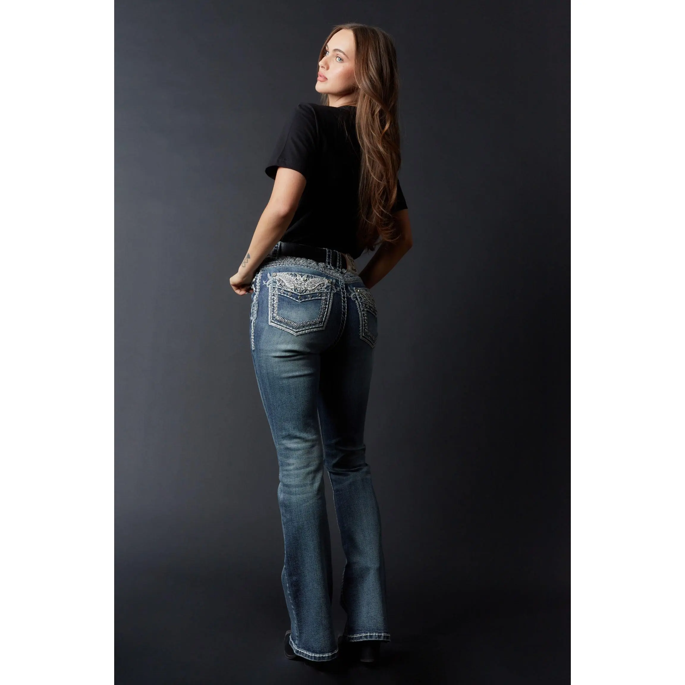 Women's Answer Me Luxe High-Rise Crystal-Embroidered Bootcut Denim Jeans - Dark Wash, Fitted for Everyday Wear with Blouse or Tee Pairing