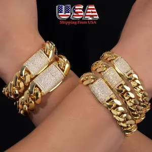 18K Men&Women Copper Stainless Steel Heavy Miami Cuban Link Chain Bangle with Full CZ Diamond Box Clasps Bracelet