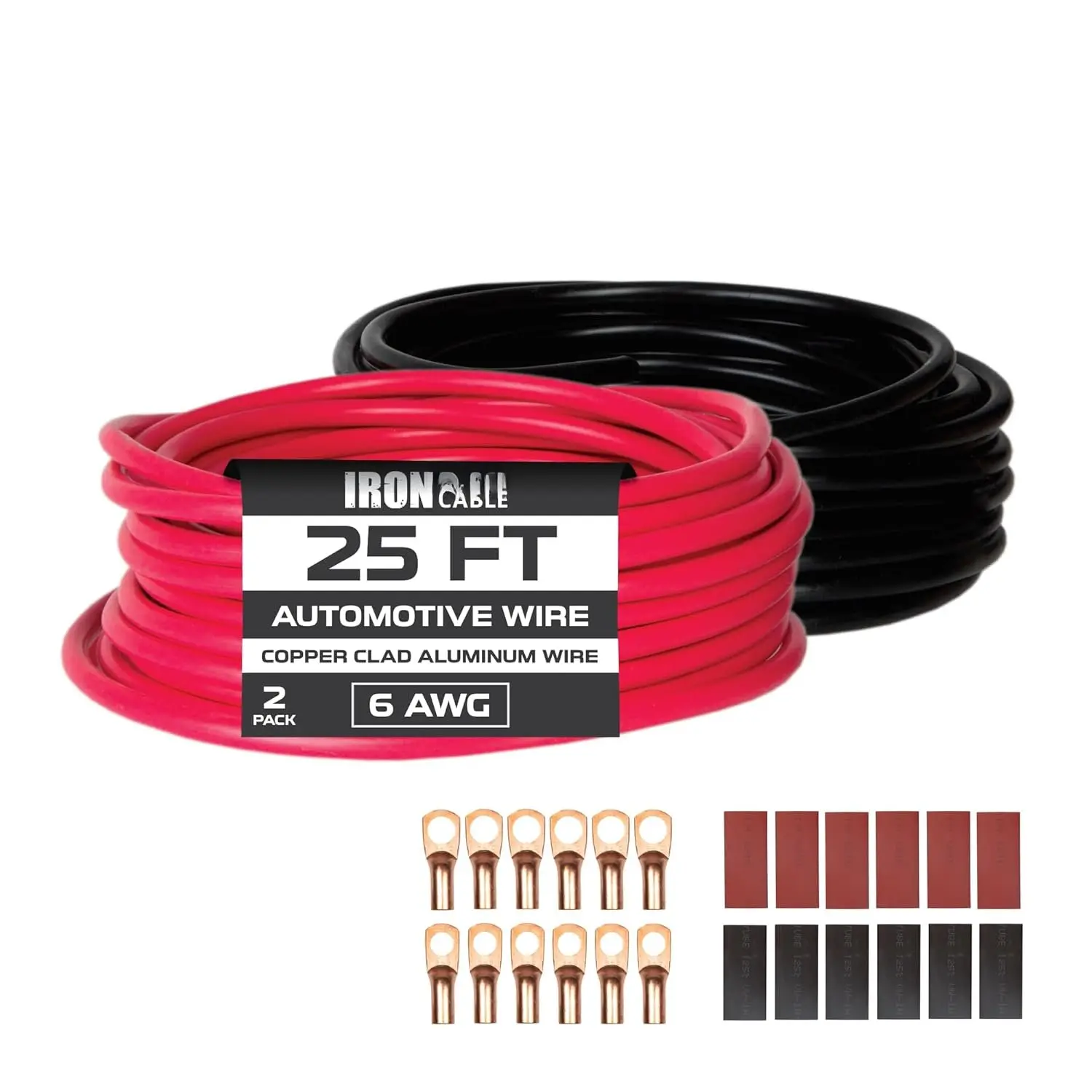 50 ft 6 Gauge Wire - 2 Pack 25ft Copper Clad  Primary  6 AWG Heavy Duty Welding  with Wire Lug Terminal Connectors and Heat Shrink Tube