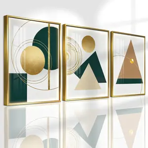 3 Counts Aluminum Alloy Framed Painting, Geometric Gold And Green Abstract Shapes Pictures, Home Decoration For Living Room, Bedroom, Office, Restaurant, Hallway Wall Decor, Odorless Print Artwork, Luxury Perfect Gift For Friends And Family