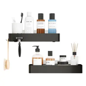 Adhesive Shower Caddy 2 Pack No Drill Bathroom Storage Organizer Rustproof Metal Shower Shelf Large Black for Easy Organization