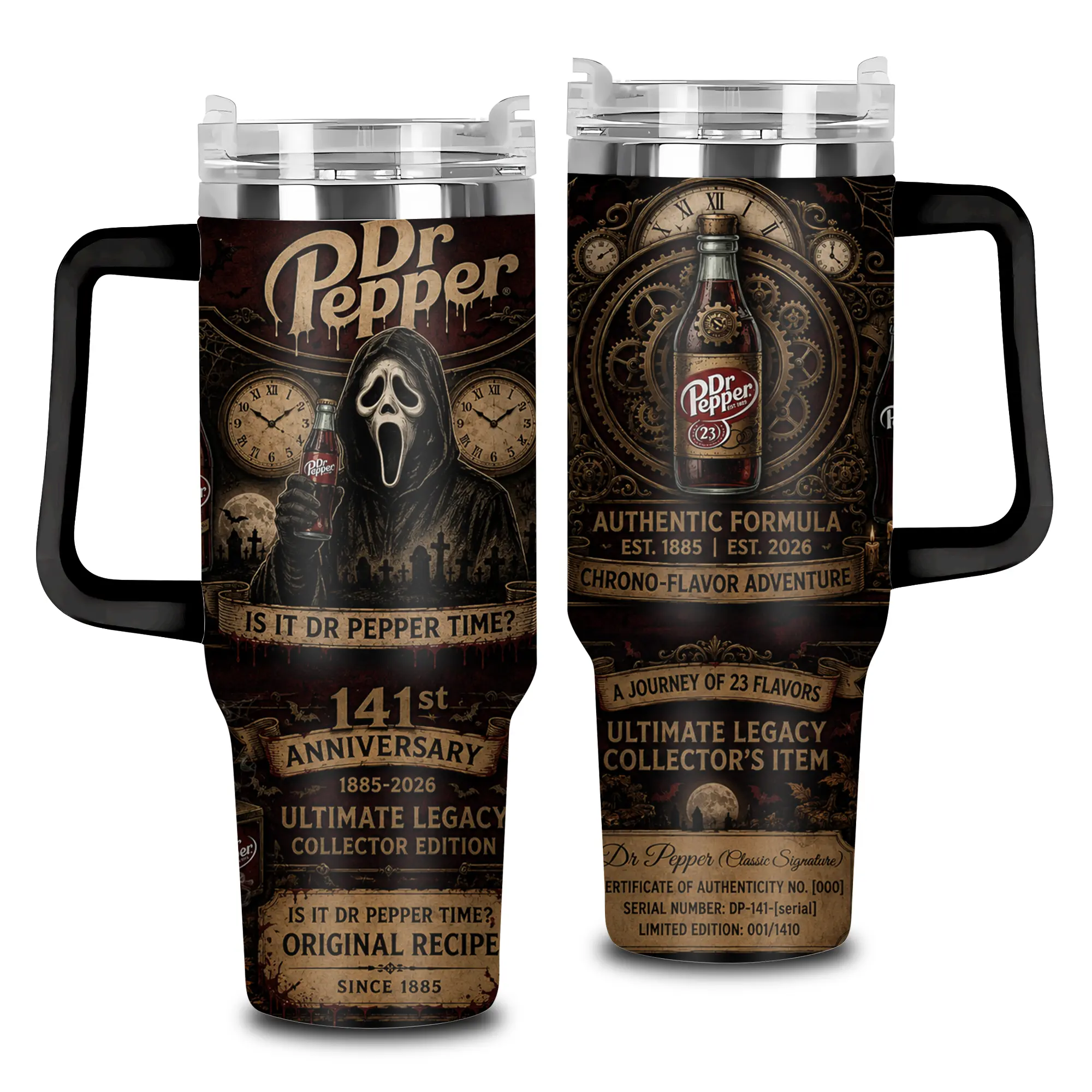 Dr Pepper 141st Anniversary 40oz Tumbler with Handle | Horror Ghostface Halloween Stainless Steel Insulated Mug | 1885-2026 Limited Edition Collector Gift