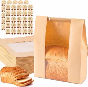 50Pcs Thickened Sourdough Paper Bread Bags with Window Bakeware Set, 50Pcs Label Seal Stickers for Homemade Bread Food Storage, 13.7x8.3x3.5in Large Size for Birthday Use