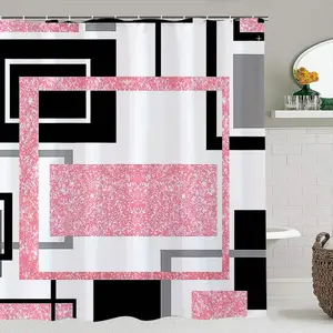 Abstract Geometric Shower Curtain Set, Square Rectangle Lines, Includes 12 Plastic Hooks, Non-Slip Mat, Toilet Lid Pad, Shower Essentials, Modern Bathroom Decor, Gift