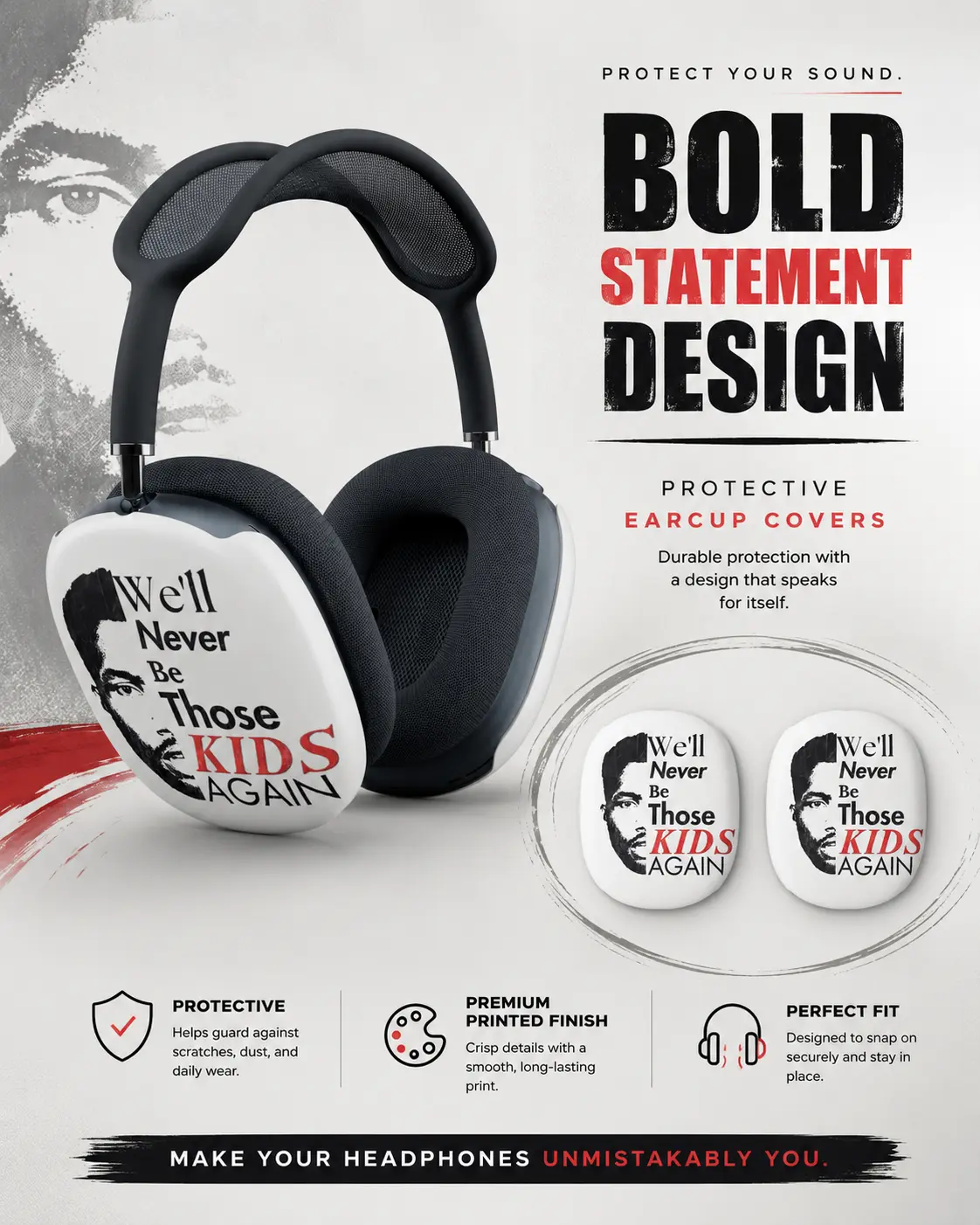 Over-Ear Headphone Ear Cup Covers - Single Pair Plastic Bold Quote Portrait Protective Shells, Black White Red Graphic Design, Protection Functionality, Printed Shell