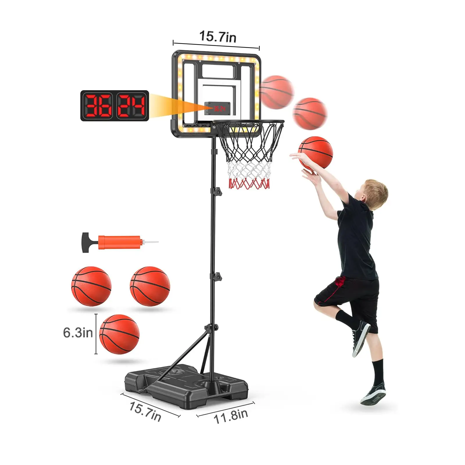 ROTTOGOON Kids 3ft to 5.8ft Height Adjustable Indoor Basketball Stand with Timer, Childrens Day Gifts,Weatherproof Base for Outdoor Practice Portable