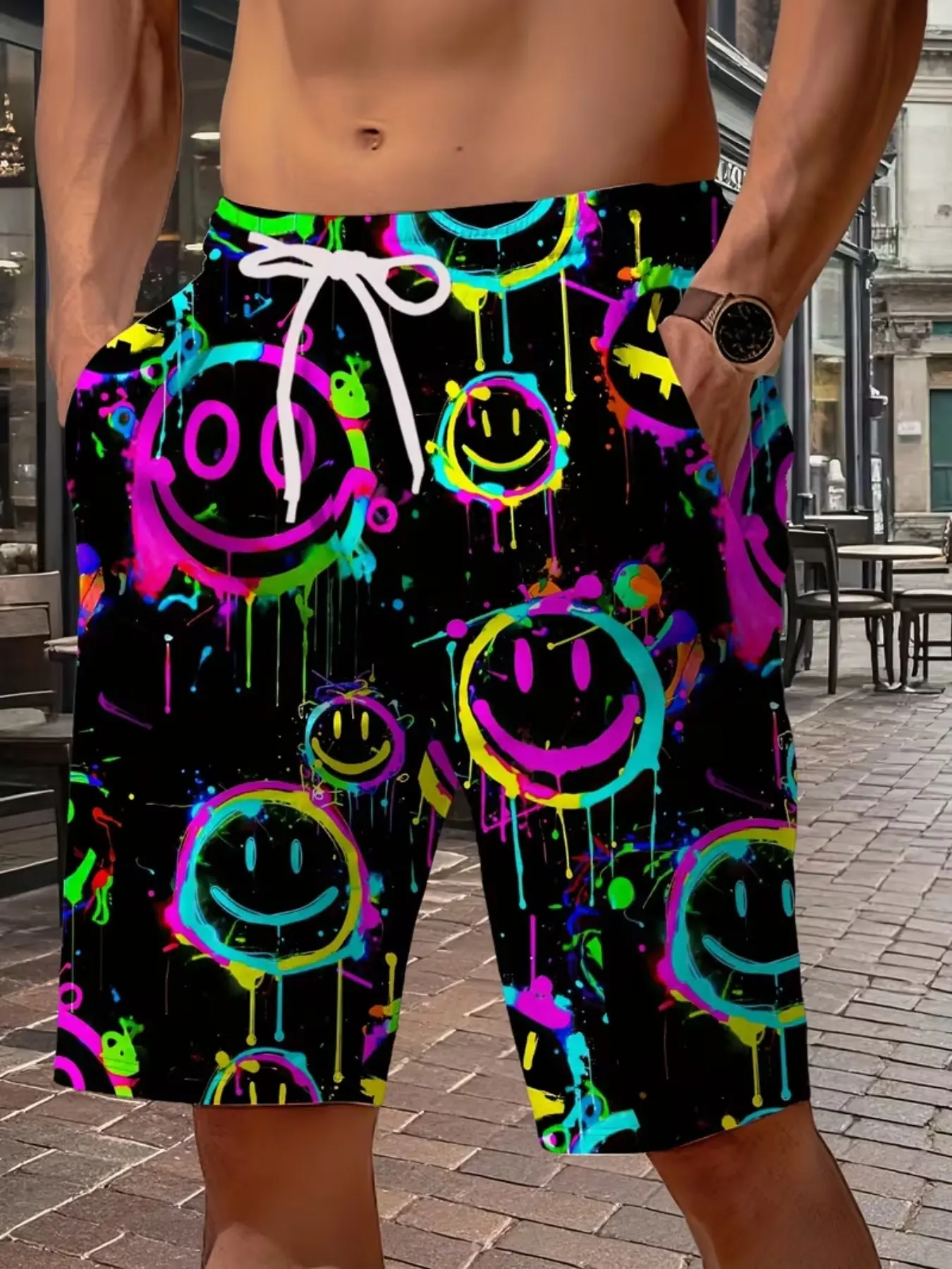 Men's Summer 3D Pattern Print Casual Beach Shorts, Lightweight Beach Trunks, Vibrant Neon Happy Face Design, Lightweight Breathable Fabric, Printed Trunks