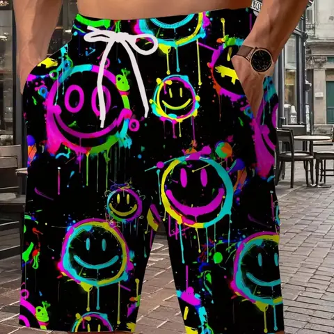 Men's Summer 3D Pattern Print Casual Beach Shorts, Lightweight Beach Trunks, Vibrant Neon Happy Face Design, Lightweight Breathable Fabric, Printed Trunks