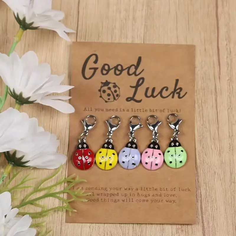 5pcs Ladybug Pendant Keychain Keyrings Set Pocket Hug Cards With Wishes, 3 Style, Good Luck Ladybug, Lucky Charm Ladybug, Ideal For Birthdays, Weddings, Graduations, Christmas, Thanksgiving, Small Business Gifts, Perfect For Family, Friends, Colleagues