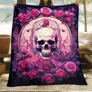 1pc Cartoon Rose Skull Personality High Definition Printed Flannel Blanket, Light Soft And Warm, Sofa Chair, Living Room, Bedroom, All Seasons, Office, Camping, Yoga, Travel, Decorative Plush, Beach,Nap Blanket