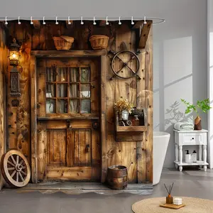 1 PC Rustic Farmhouse Shower Curtain - Vintage Wooden Door & Lantern Design | Washable Polyester, All-Season Use, Bathroom Decor, Durable Shower Curtain