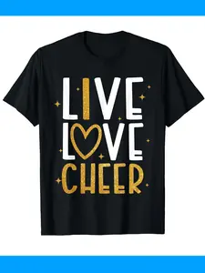 Live Love Cheer Golden Glitter Black T-Shirt - Cheerleading Squad Outfit, Comfortable Cotton Breathable Short Sleeve Tee with Golden for Summer Parties, Cheer Competitions & Casual Wear
