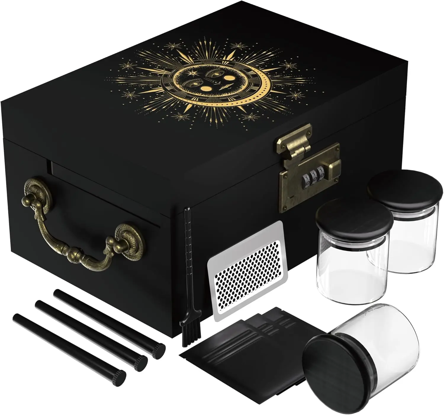 AMIDA Large Bamboo Box with Combination Lock,Gold Wooden Decorative Storage Box Upfrade Tray for Great Gift Choice, Father Gifts, for Coffee Beans, Candy, Tea, etc (Sun Moon)