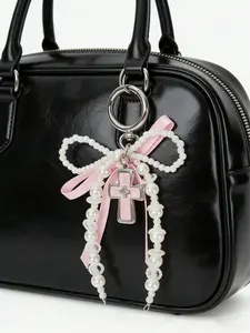 A cute pink pearl bow cross pendant keychain, punk style star-shaped keychain, Y2K style bow phone charm, cute bead phone strap accessory suitable for girls, suitable for bags