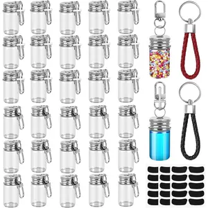 35 Pcs 7ml Small Glass Bottle Keychain Bulk with Leather Keyring Black Sticker, Mini Seasoning Bottles Metal Lid Tiny Glass Message Potion Bottles for DIY Wish Jars, Home & Travel Gifts