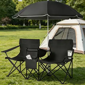 Double Folding Camping Chair with Umbrella & Cooler Bag – Portable Picnic Loveseat with Cup Holders for Beach, Patio, Camping, Football & Baseball Season