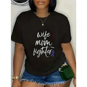 Supportive "Wife Mom Fighter" T-Shirt with Rheumatoid Awareness Ribbon - 100%, Short Sleeve, Crew Neck in Black | Inspirational Design for Casual Attire Clothes Cotton Top Womenswear Apparel Pieces Printed Seamless Soft Twist Tshirt Streetwear Crewneck