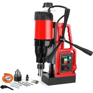 Magnetic Drill Press, 1550W 500RPM Portable Mag Drill Press, 10-Speed Core Drilling Machine for Metal Working, 3Pcs Drill Bits, Red