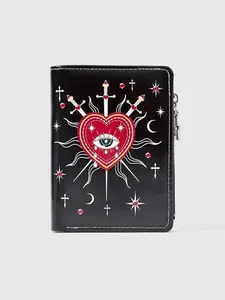 Gothic Women's Wallet, Punk Princess Design, Heart Eye Gem Crystal Tear Drop Star Sun Cross Sword, Multifunctional Zipper Coin Purse