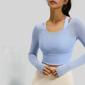Mesh Illusion Long Sleeve Slimming Yoga Top for Women Built-in Padded Bra Workout Fitness Shirt Summer Athletic Tops