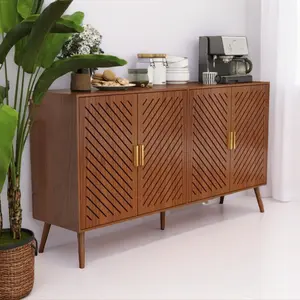 Modern Kitchen Buffet Sideboard Cabinet with 4 Louvered Doors Brown Wood Storage Unit for Dining Room Living Room Adjustable Shelves Anti-Tipping Design Multi-Level Storage Gold Metal Handles Easy Installation