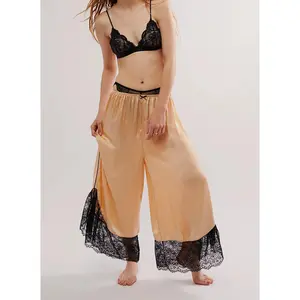 Women Lace Ruffled Long Bloomer Pants Lace Trim Pantaloons Elastic Waist Cropped Slip Pants Capri Pj Bottoms