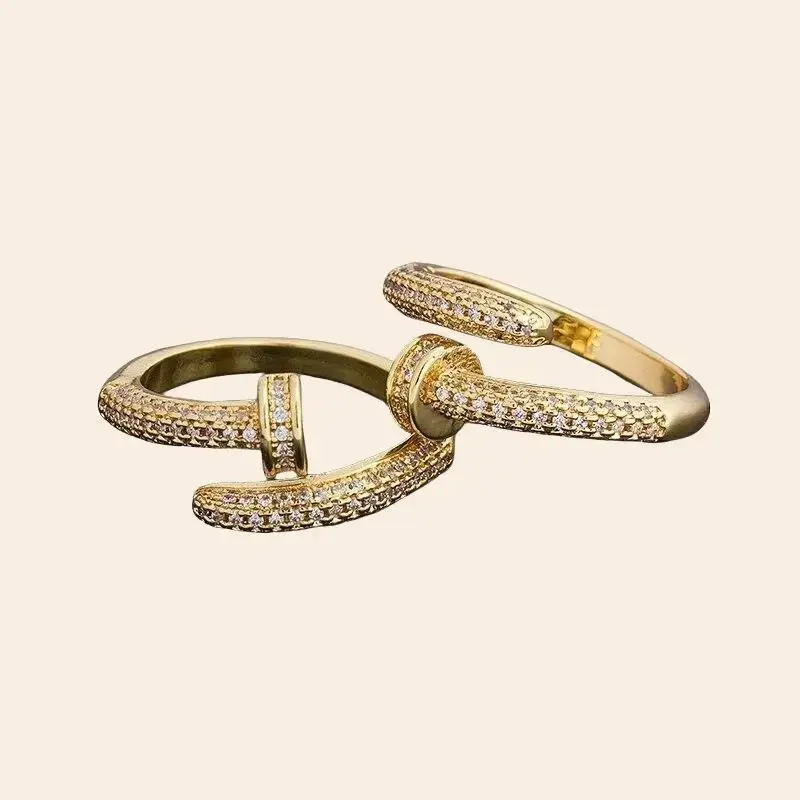 Unisex Luxury Nail Ring - Geometric Metal Design, Gold-Plated Artificial Gems, Gemstone Inset Adjustable Opening Costume Jewelry Accessory, Rings, Inlay, All