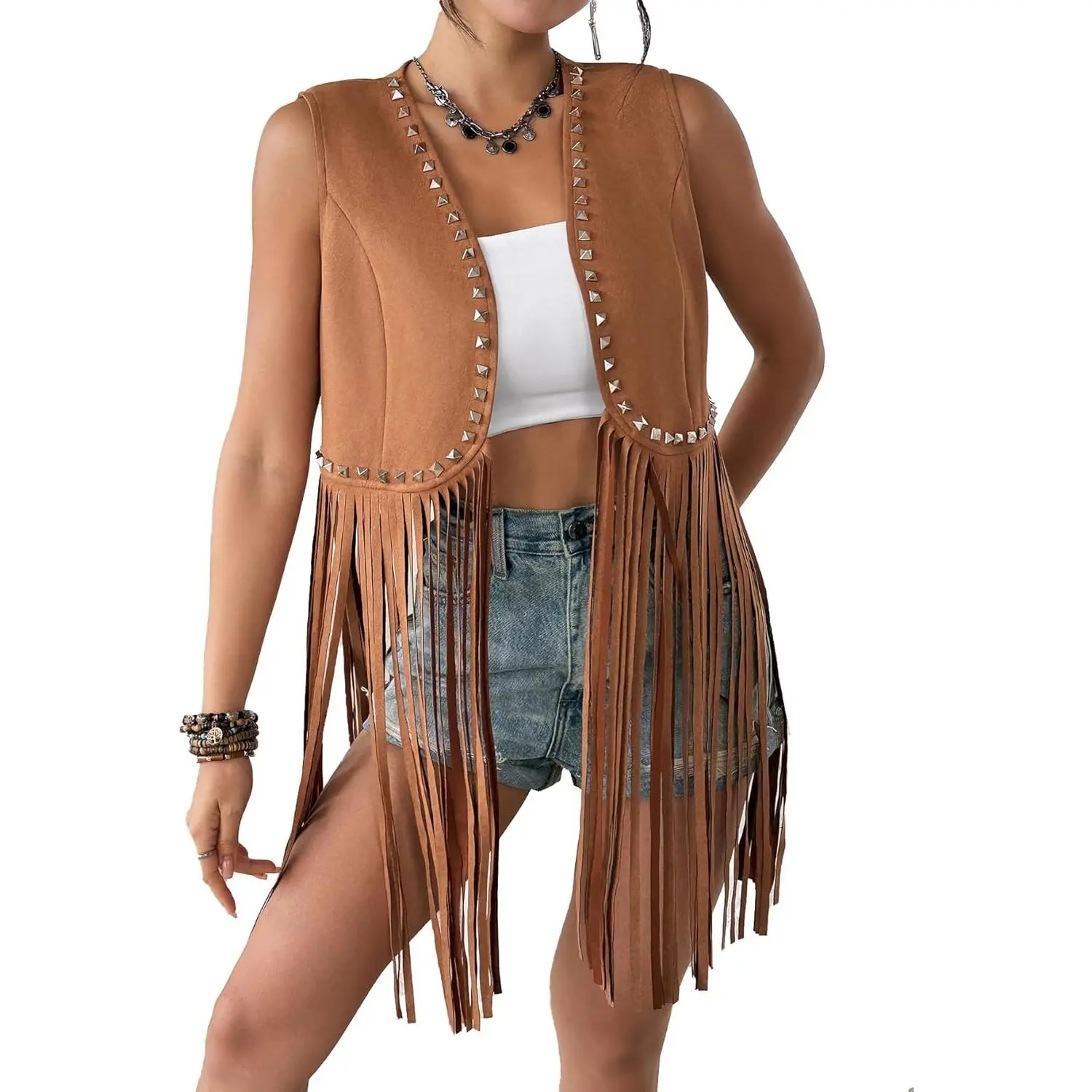 Oversized Faux Suede Sleeveless Vest for Women, 70s Western Hippie Tassel Style for Festival & Party Wear, Stripe, Tops, Viscose, Oversized Sleeveless Women's Vests, Crew Neck, Tassels, Daily Look, Stripe Pattern, 100% Viscose