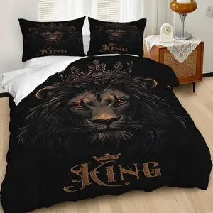 Fierce Lion King Duvet Cover Set, High-Quality Bedding Set, Bold Decor for Bedroom,Regal Crown Detail, High-Quality Bedding Set, Perfect for Royal Themed Home Decor and Comfort, Contains 1 duvet cover, 1 or 2 pillowcases (without filling)