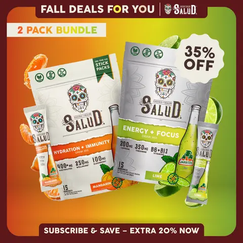 Salud x Jarritos 2-in-1 [Best Seller Duo] Agua Fresca Drink Mix, Energy + Focus & Hydration + Immunity, Organic Caffeine, B6 & B12, Electrolytes, Elderberry, Non-GMO, Vegan (2-Pack, 30 Servings)