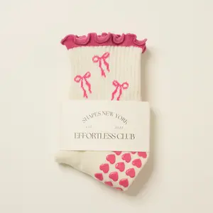 Effortless Club Grip Socks, Spring/Summer Girlie Pink Bow, Crew Half Calf Non-Slip Socks, Cute Girlie Pilates Socks, with Ruffle Details