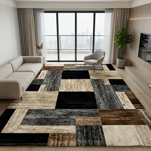 RUGIXE Machine Washable Modern Patchwork Area Rug 8x10 5x8 4x6 ft, Black Brown Wood Grain Geometric Soft Velvet Low Pile Rug with TPR Non Slip Backing, Comfortable Durable Wear Resistant Floor Carpet for Living Room Bedroom Office