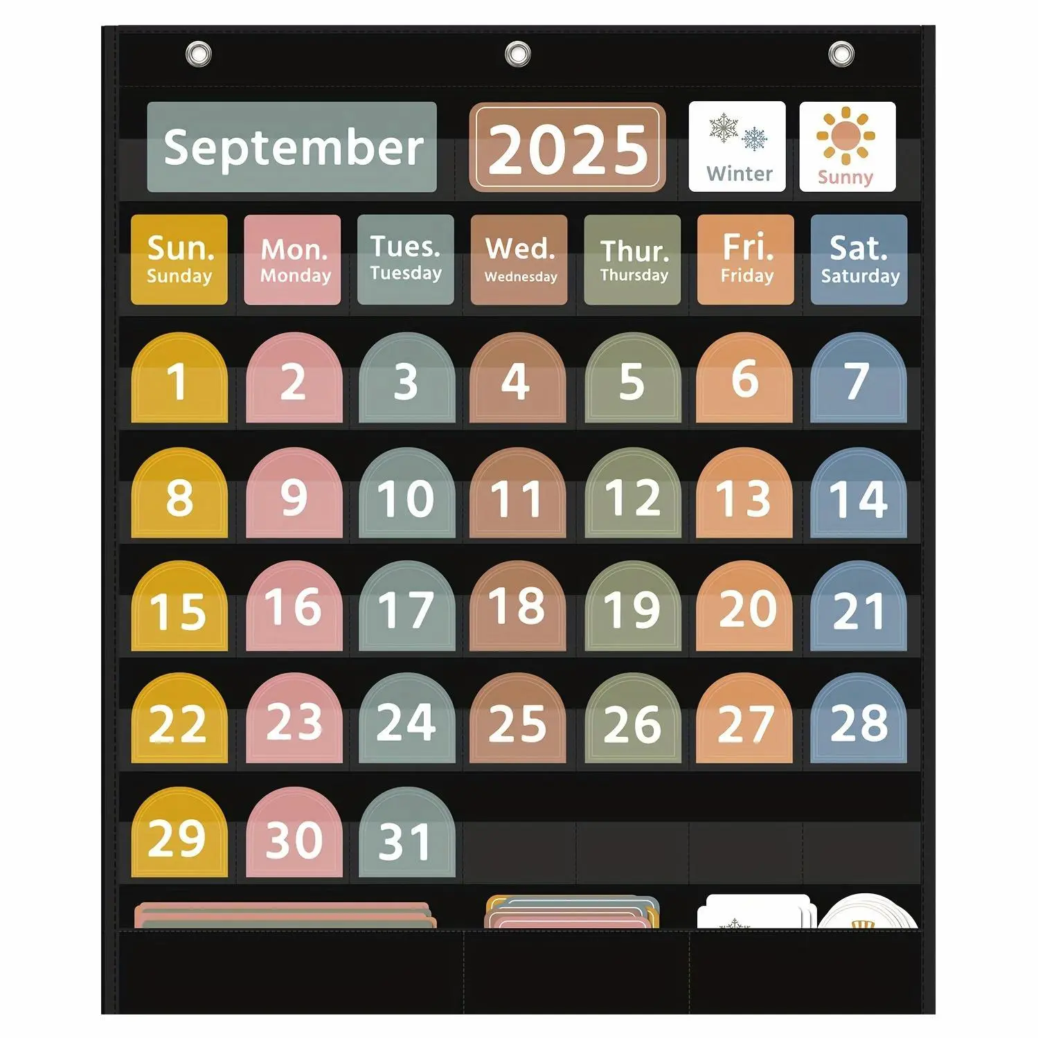 1pc of large size calendar card hanging bag, with 49 pockets of calendar pocket pictures, with 96 cards, suitable for classroom, monthly calendar and weather pocket pictures, suitable for Youngsters to study at home or school