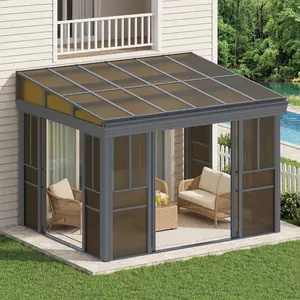 10x10FT Wall Mounted Sunroom Kit with Lockable Sliding Doors, Adjustable Polycarbonate Windows, Outdoor Solarium for Patio, Garden & Deck, Gray/Brown