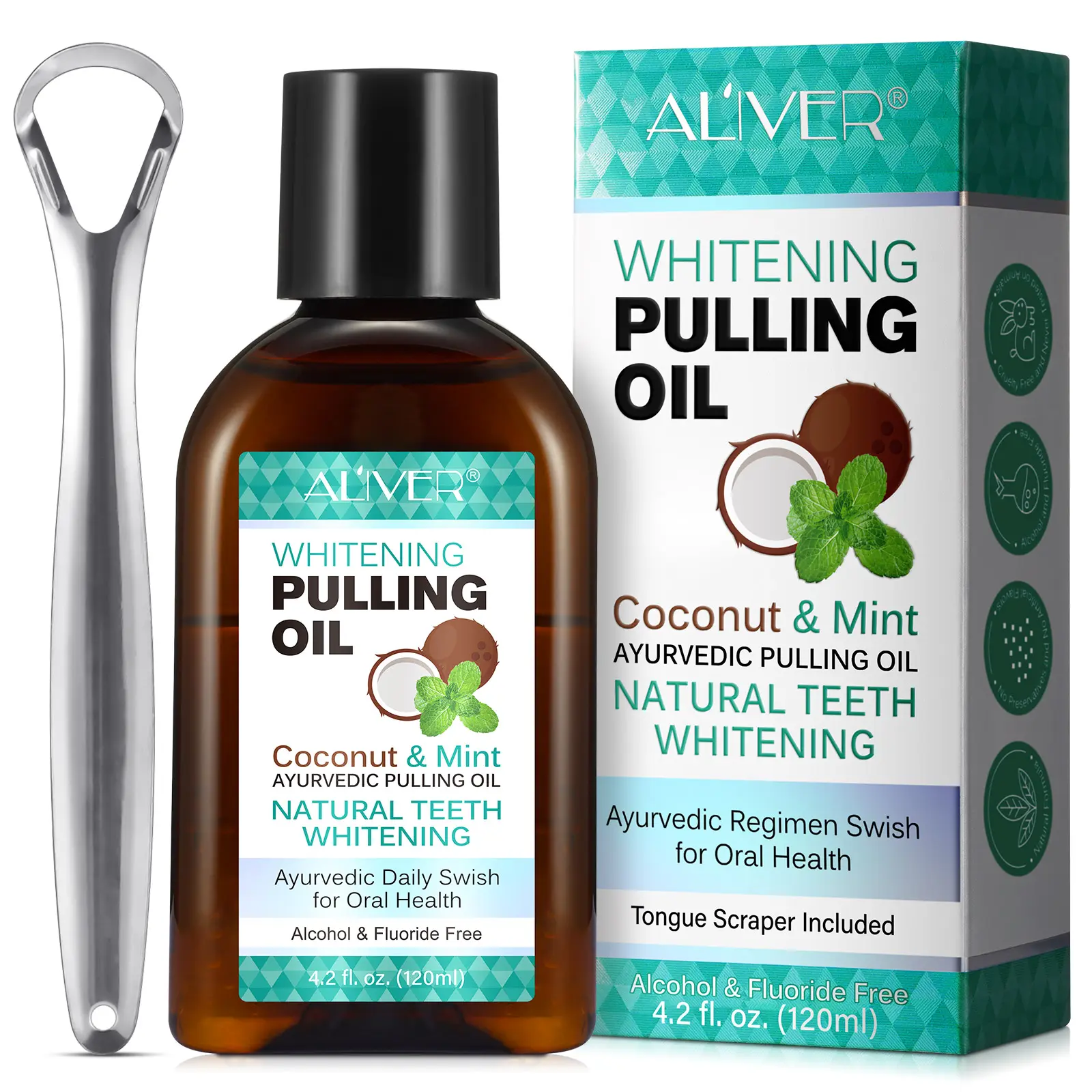 Aliver Coconut Oil Mouthwash 120ML with Tongue Scraper, Peppermint Flavor, Daily Oral Care, Non-Alcoholic Formula, Natural Ingredients, Protects Teeth & Gums