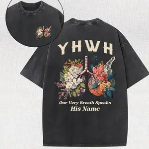 YHWH Breath Of Life Graphic Tee Floral Lungs Christian Shirt Worship T-Shirt With Meaningful Message Vintage Faith Made In USA For Women For Men [SaffronSequin 180G/230G 100% cotton short-sleeve/hoodie, soft and comfortable]