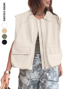 Aswulk Womens Casual Zip Up Vest Cargo Oversized Ruched Hem Sleeveless Blazer Jackets Tops