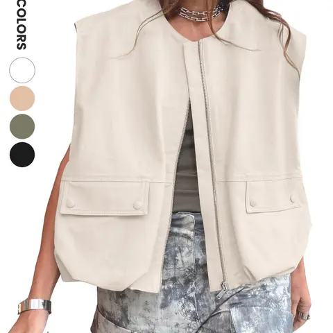 Aswulk Womens Casual Zip Up Vest Cargo Oversized Ruched Hem Sleeveless Blazer Jackets Tops