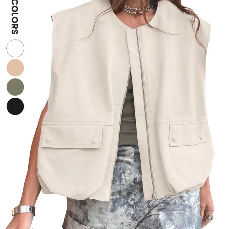 Aswulk Womens Casual Zip Up Vest Cargo Oversized Ruched Hem Sleeveless Blazer Jackets Tops