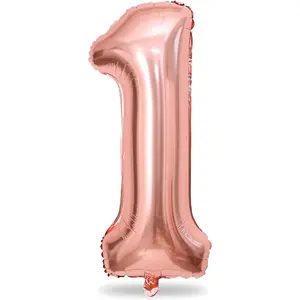 Rose Gold 1 Balloons, 40 Inch Giant Helium Foil Number 0-9 for Girls, Self Inflating Digit 1st Birthday Balloon for Women Anniversary Baby Shower New Year Engagement Party Decorations Supplies