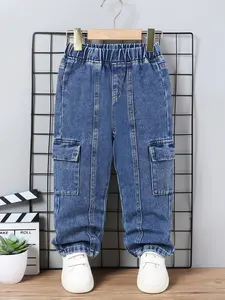 Boy's Solid Pocket Jeans, Casual Fashion Denim Trousers for Daily Wear, Kids Bottoms for All Seasons, Jeans with Pockets