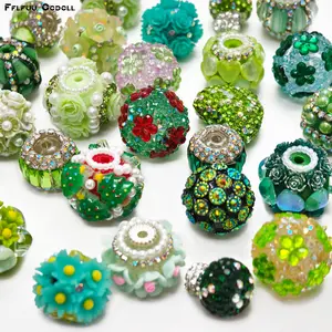 Green Series European Large Hole Beads For Jewelry Making, Mixed Style Resin Flower Beads With Rhinestones And Pearls, Random Color DIY Beading Supplies For Bracelets Necklaces Charms, Handmade Jewelry Accessories Kit For Women Girls, Approx 5pcs Per Pack