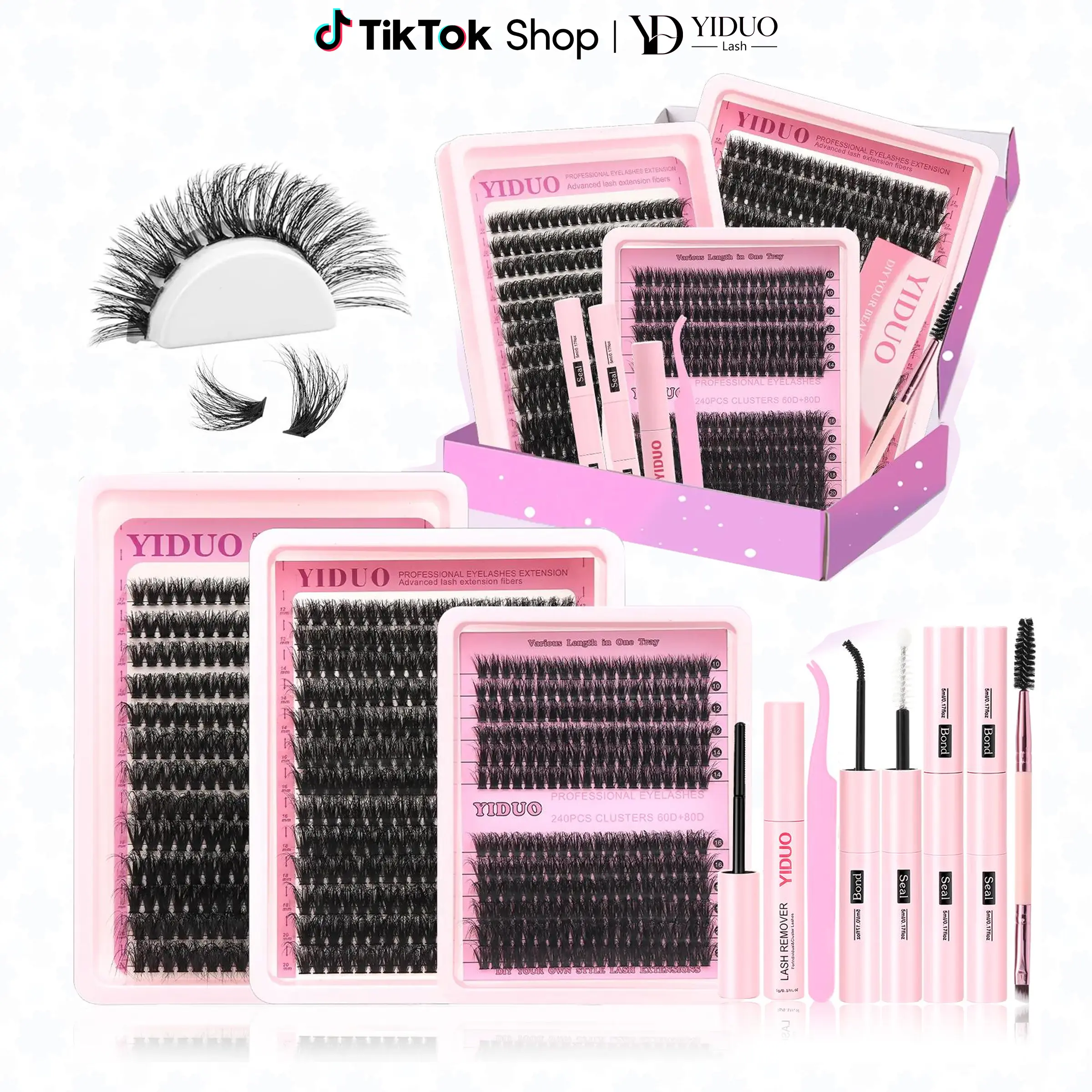 YIDUO Eyelash Extension Kit with 2X Bond&Seal 10-20mm 60D+80D+100D Volume 3D Lash Clusters Kit 3 Styles 760Pcs Wispy Natural Soft DIY Individual Lash Clusters Kit Box for Beginners BackToSchool