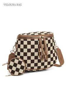 1pc Black & White Checkered Bucket Bag for Women, Large Capacity Shoulder & Crossbody Handbag with Coin Purse, Multi-Zipper Organizer Fits Phone, Wallet & Cosmetics, Stylish Durable Design, Perfect for Travel, Work, Daily Use & Gift