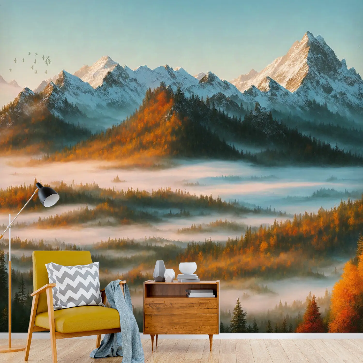 Foggy Mountain Wall Mural, Landscape Wallpaper Peel and Stick, Mountain Wall Mural, Nature Wall Mural by Yurooms